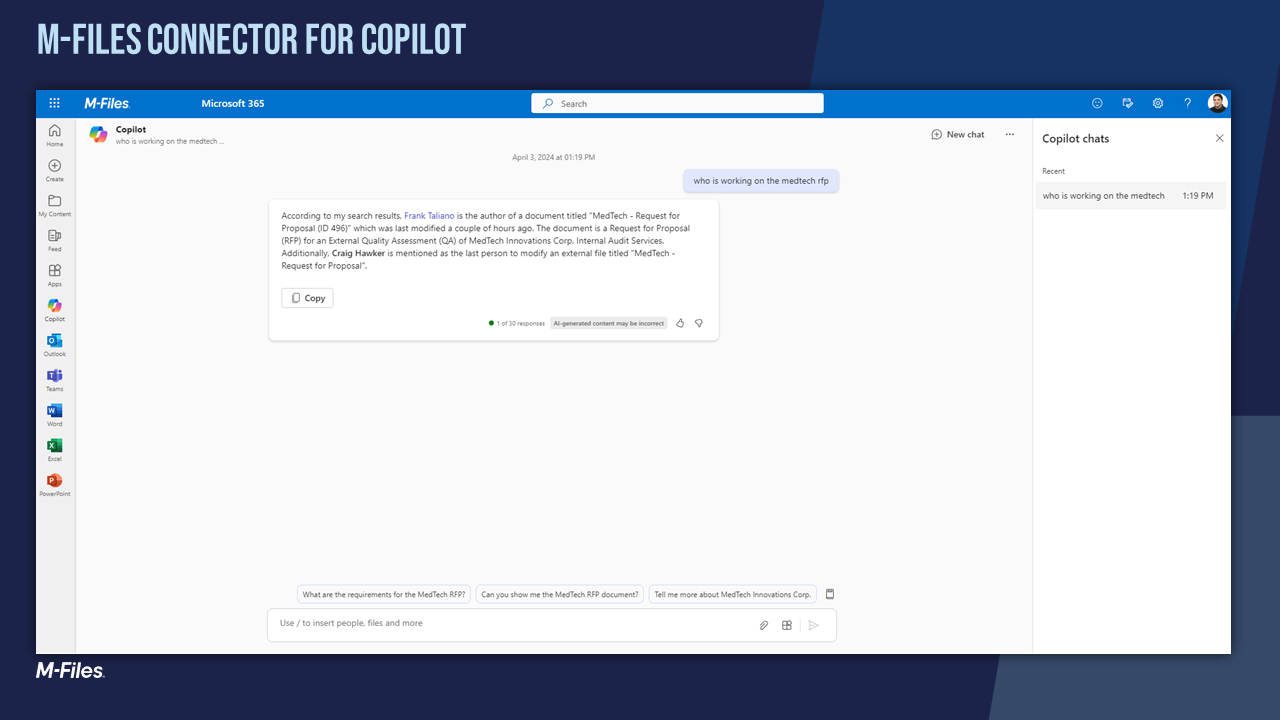 M-Files Connector for Copilot publishes selected information from M-Files to the Microsoft 365 platform so that Copilot can refer to it when doing its work.