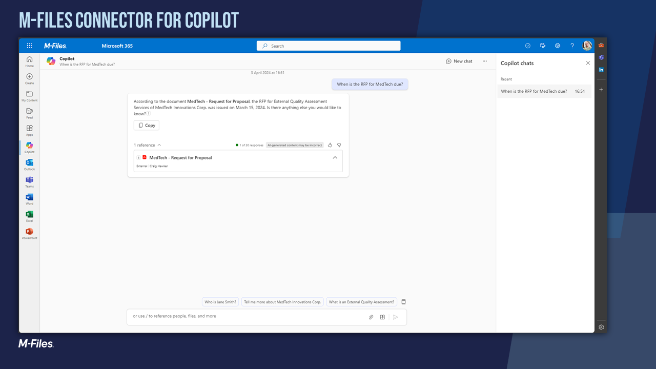 When a user wants to get more information about a document that was assigned to them, they can ask Copilot, and Copilot will answer. Even if the document is managed in M-Files.