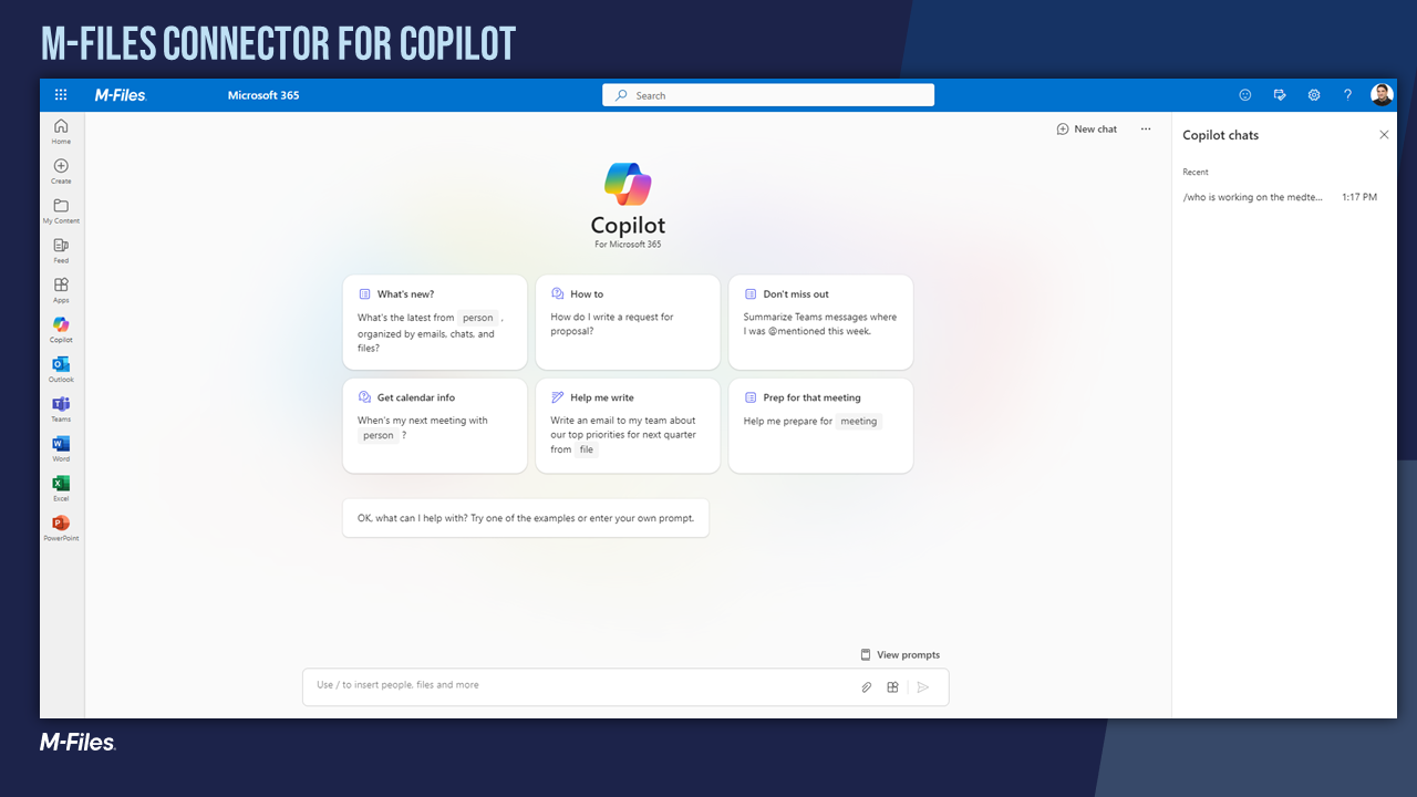 With the M-Files Connector for Copilot, users can access all the content in M-Files with the same Copilot user interface.