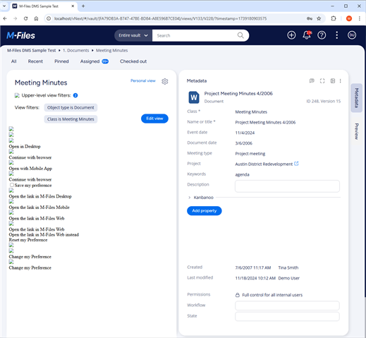 screenshot of M-Files vnext web client showing the error described