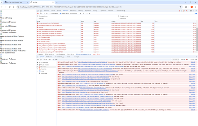 Screenshot of M-Files web vnext with bad page in new browser tab and and dev tools open